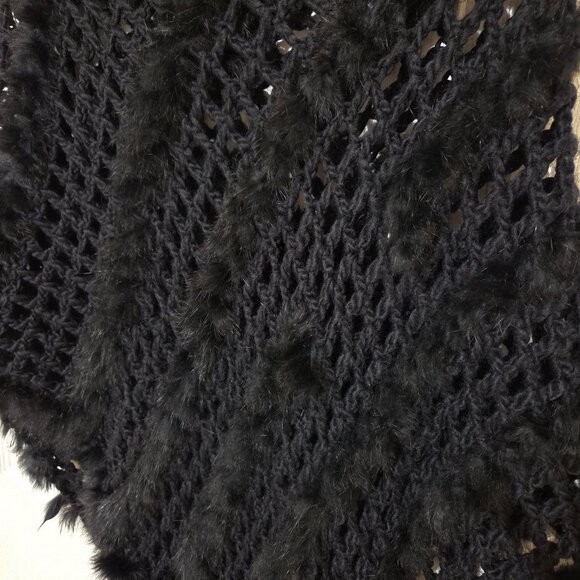 Crochet Poncho with Genuine Rabbit Fur Trim & Fringe Black - Picture 3 of 6